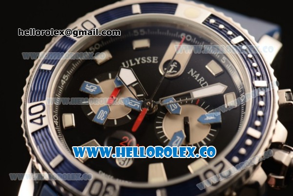 Ulysse Nardin Maxi Marine Diver Chronograph Miyota OS20 Quartz Steel Case with Black Dial White Markers and Blue Rubber Strap - Click Image to Close